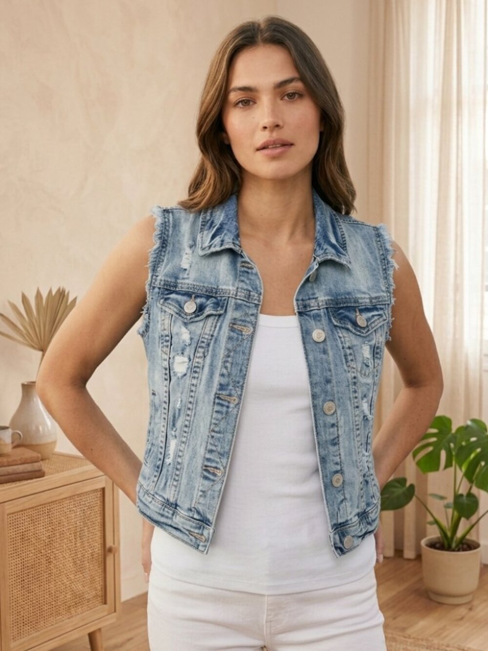 Wallflower Denim Crop Jacket Womens S Blue Distressed Frayed Button Front Vest